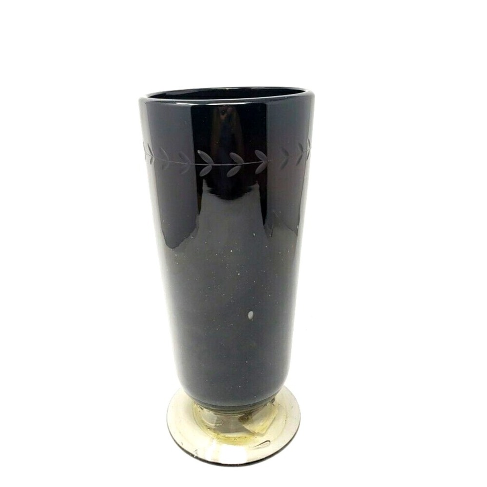 Neiman Marcus Vintage 12" Brown Amber Glass Vase Etched Leaves Hand Blown 2001